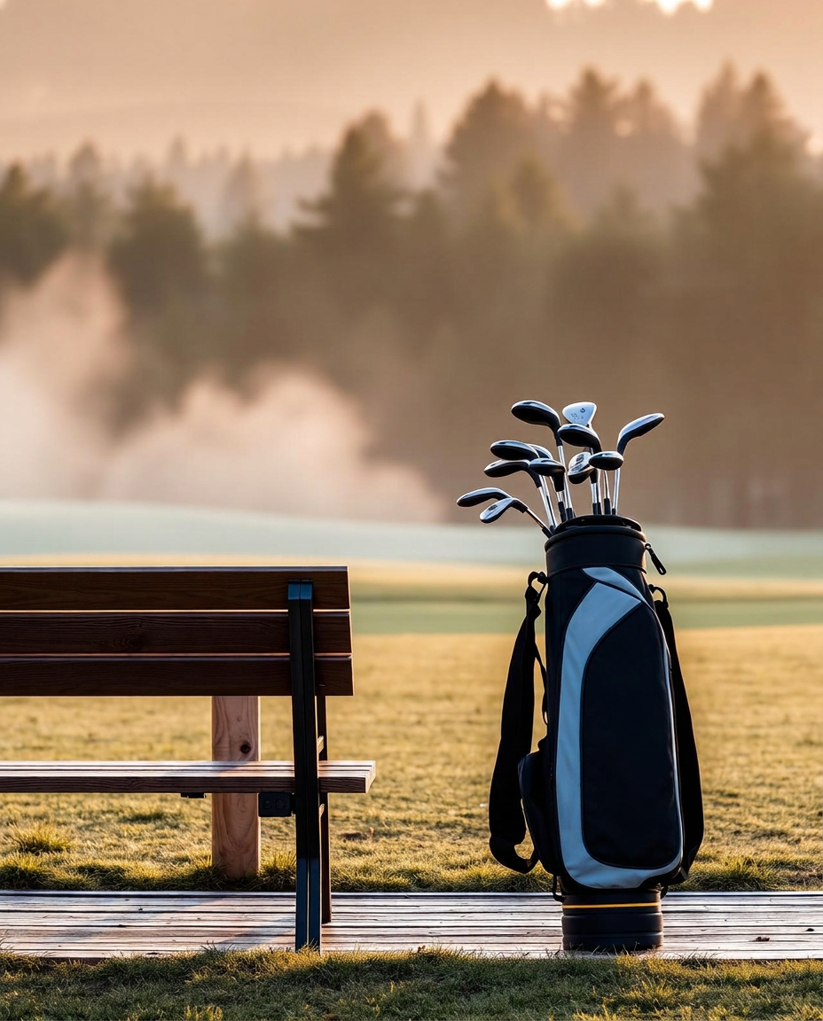 Golfer striking an iron shot on a coastal course